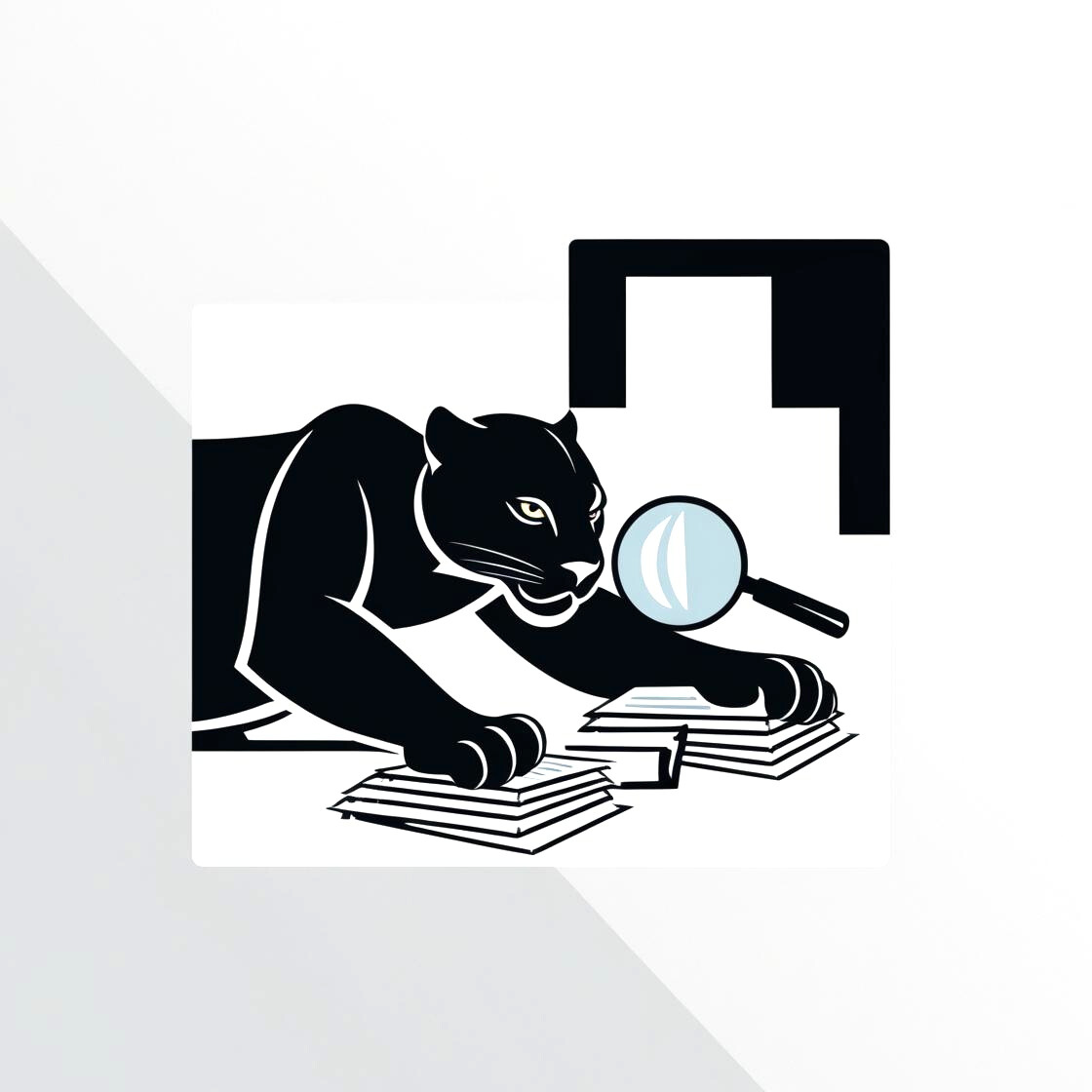 A black panther with magnifying glass and files