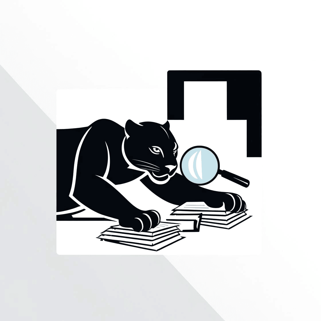 A black panther with magnifying glass and files